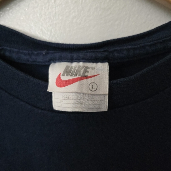 Vtg 90’s Nike White Tag USA Made Blue Shirt Large Embroidered Swoosh Spellout - Picture 3 of 8